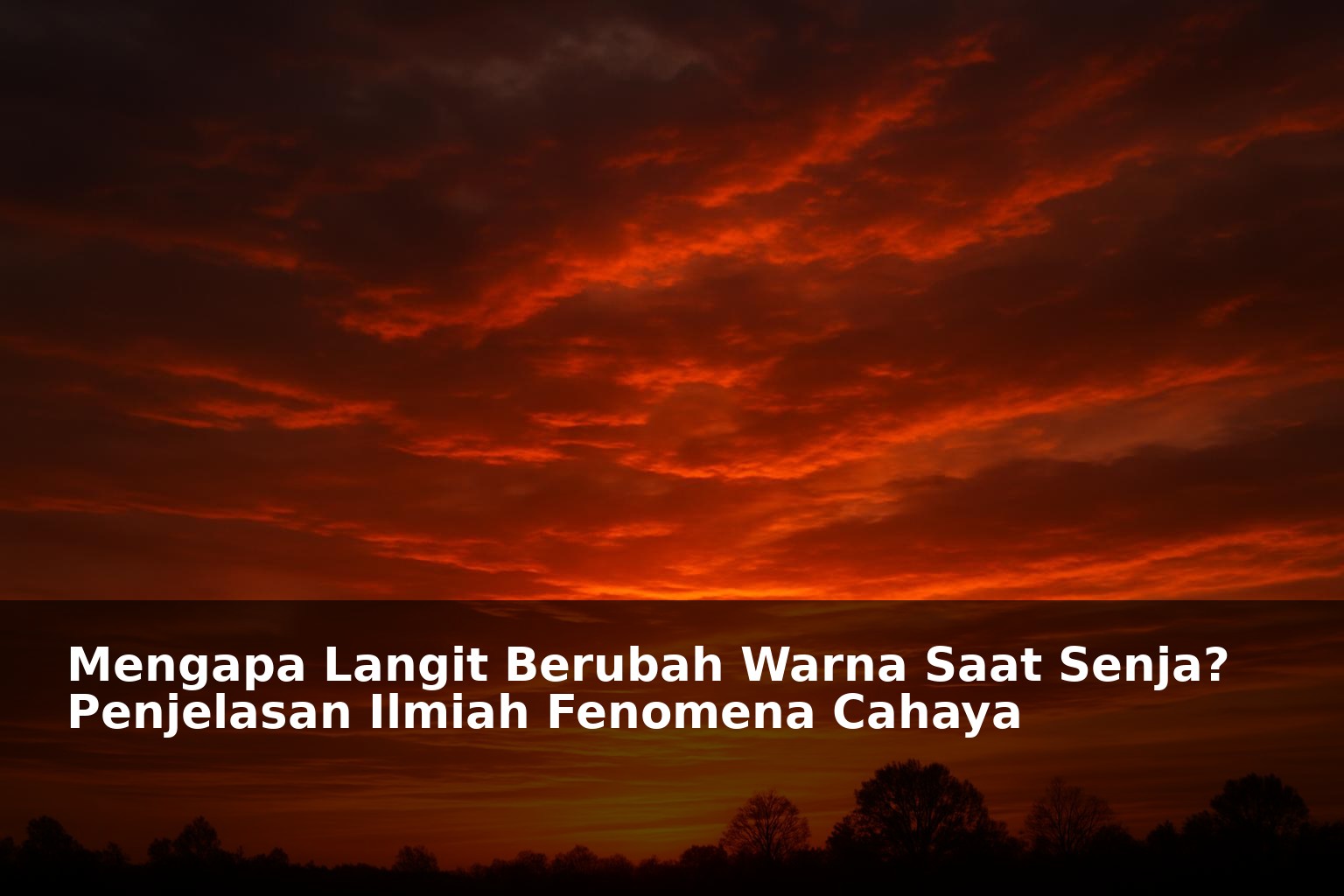 Langit senja berwarna oranye dan merah dengan siluet pohon di horizon