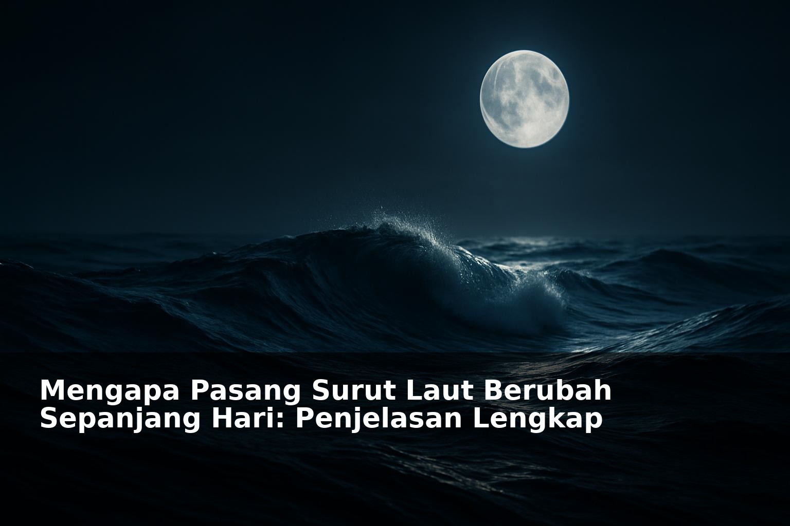Ilustrasi pasang surut laut dengan gelombang dan bulan di langit malam