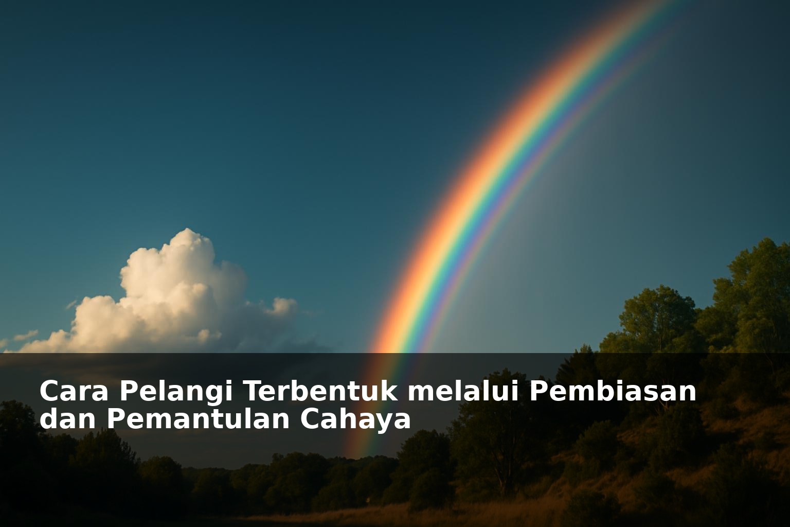 Pelangi dengan latar langit biru dan pemandangan alam