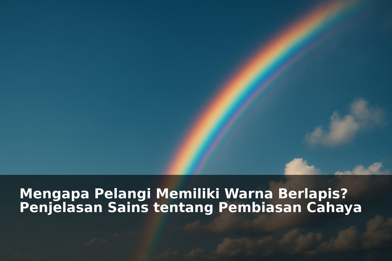 Pelangi warna berlapis di langit dengan latar belakang awan dan langit biru